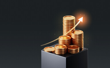 Growth money business increase finance profit on 3d investment background with coin stock wealth arrow graph. Financial economy concept rise gold strategy cash currency. Success market economic budget