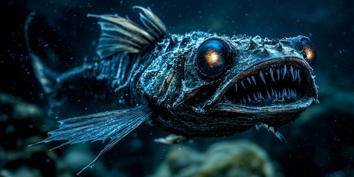 A close-up of a black sea devil fish with sharp teeth and glowing eyes.