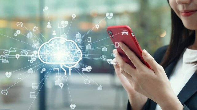 A woman using a smartphone in the city and AI(artificial intelligence) concept