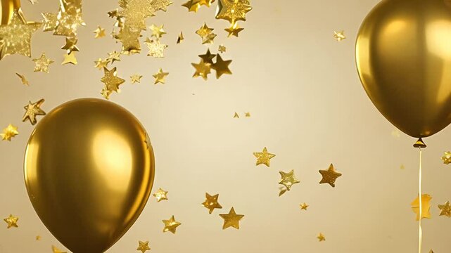 Festive background footage with gold balloons and scattered golden confetti. Premium background for a festive birthday celebration.
