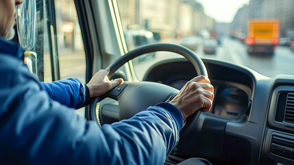 Truck driver's hands on a steering wheel