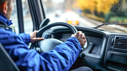 Truck driver's hands on a steering wheel