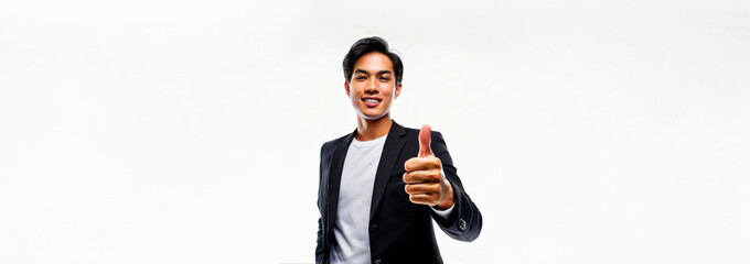A East Asian man in a black suit jacket and white T-shirt is giving a thumbs up against a white background.