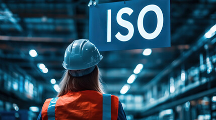 Worker in a hardhat and high-visibility vest stands under an "ISO" sign in an industrial or warehouse setting, suggesting a focus on standardized quality management.