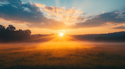 Obraz premium Sunrise over a misty meadow with sun rays breaking through the clouds.