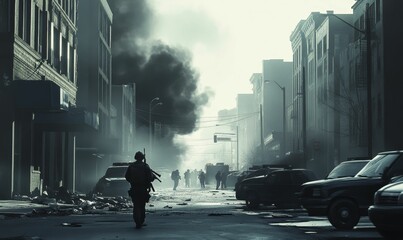 Silhouettes of soldiers walking through a smoky city street.