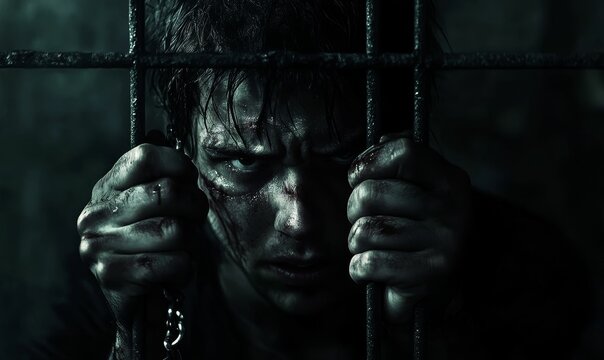 Bloody man trapped in a cell.