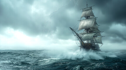 Columbus&rsquo; ship in rough seas, with dark clouds and lightning overhead	