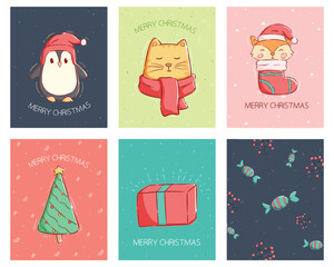 set of cute christmas icons or elements. doodle christmas cute illustration with colorful background
