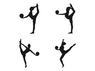 Set silhouettes of women's sports. Basketball, gymnastics. Quality black and white vector silhouettes of gymnast woman. Silhouette of a gymnast with the ball isolated on a white background.