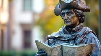 Bronze Statue of Columbus Holding a Map and Looking Ahead with Determination and Text Space