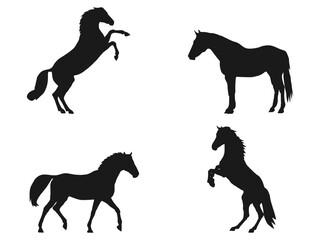Horse silhouette vector illustration. Horse Icon. Vector Illustration of Silhouetted Rearing Horse Icon. black and white vector. Silhouette of a mustang horse isolated on a white background.