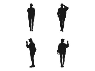 set of female cop in different poses. police officer with gun. beautiful policewoman with handcuffs. black and white vector. Silhouette of a Lady Police Officer isolated on a white background.