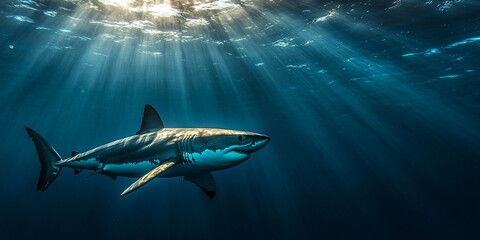 Fototapeta premium A great white shark swims through a deep blue ocean, sunbeams filtering down from above.