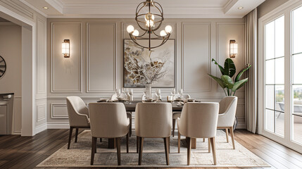 A chic transitional dining room featuring a dark wood dining table, upholstered chairs in soft taupe, and a large geometric chandelier. 