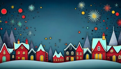 Obraz premium Red and black Christmas background concept Snowflakes fall over Christmas trees in towns and villages.