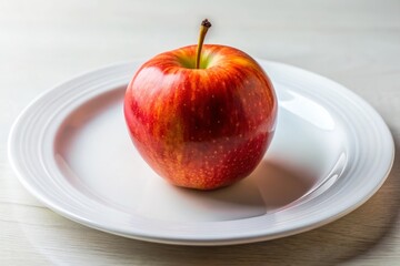 A fresh red apple rests elegantly on a pure white plate, placed on a luminous white table, showcasing