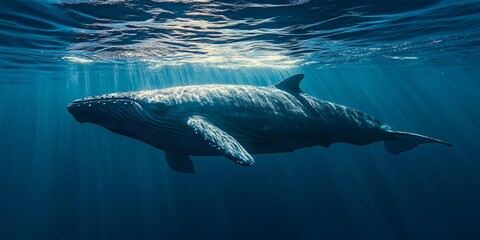 A humpback whale swims through the clear blue ocean water with sunlight streaming down from above.