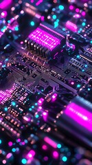 Obraz premium Neon-lit cyberpunk city powered by visible electrical grids