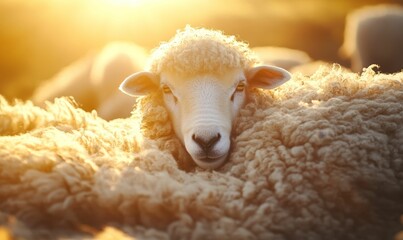 Naklejka premium A sheep in the field at sunset.