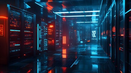technological background on servers in data center, futuristic design. Server room represented by several server racks with strong dramatic light. 