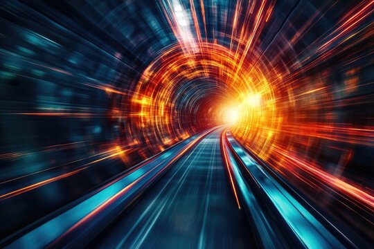 A mesmerizing tunnel of light with vibrant colors, creating a sense of speed and motion through a dynamic digital landscape.