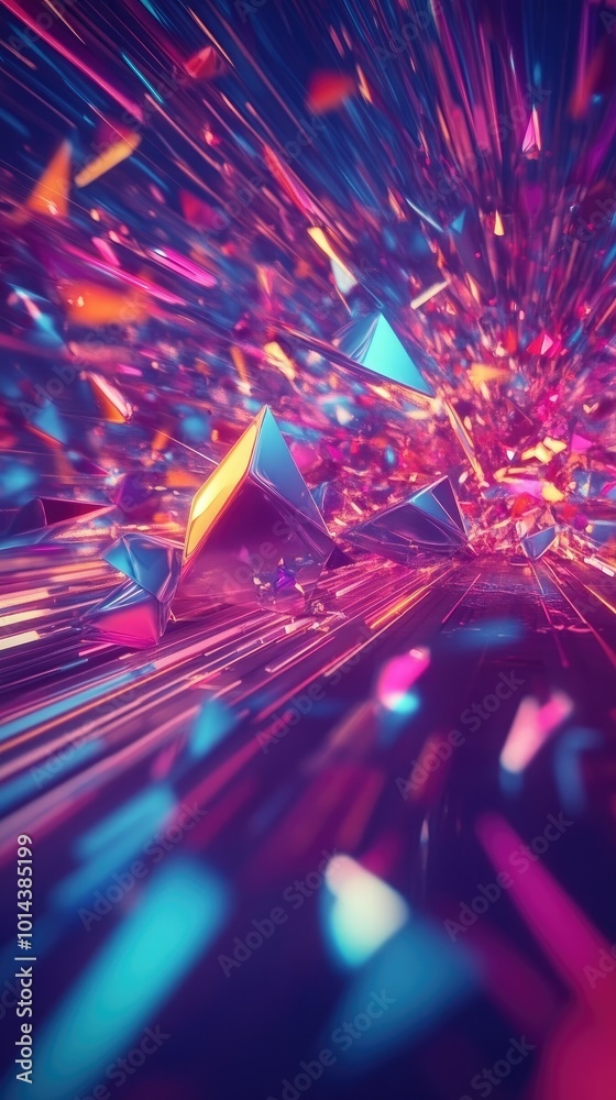 Poster an abstract explosion of colorful geometric shapes, creating a vibrant and dynamic visual experience