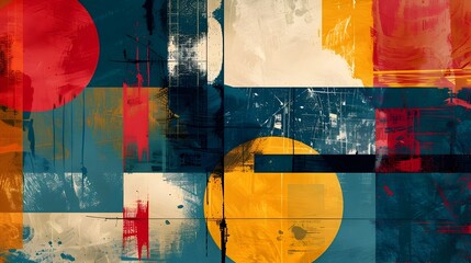 Striking Abstract Geometric Composition with Vivid Complementary Colors and Distressed Texture
