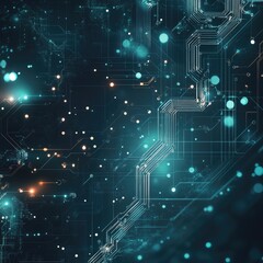 Abstract digital background featuring glowing circuits and particles, perfect for technology and innovation themes.