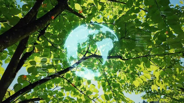 Lush young leaves and environmental technology concept