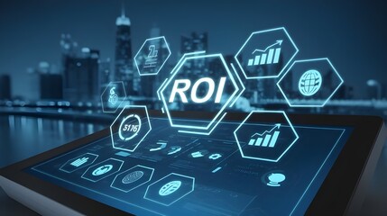 Touch screen displaying the concept of ROI (Return on Investment) with various financial icons, business concepts, business technology, ROI calculation