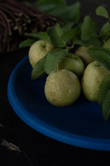 Guava on blue plate in vertical framing