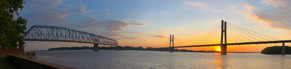 Sunset Behind the Bayview Bridge on the Mississippi River, Quincy Illinois, USA. 