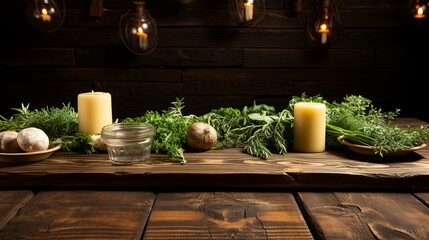Rustic wooden table with candles, herbs, and a glass jar, illuminated by soft warm lights