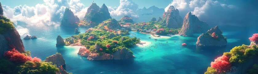 Birds-eye view of a vivid fantasy world blending colorful landscapes with glowing scientific discoveries, augmented reality elements