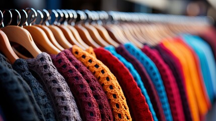 A row of colorful knitted garments on wooden hangers, showcasing a spectrum of textures and hues, inviting warmth and comfort.
