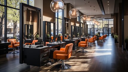 Fototapeta premium A Modern Salon Interior With Rows Of Orange Upholstered Chairs Situated Under A Series of Geometric Light Fixtures