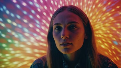 "Woman Posing Against Radiant Rainbow-Colored Backdrop"