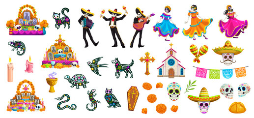 Cartoon day of the dead dia de los muertos characters and holiday elements set. Vector skeletons, marigolds, altar, sugar skulls, candles, instruments and traditional attire, representing celebration