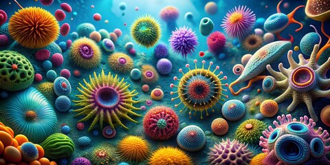 Captivating Microscopic World of Vibrant Marine Organisms and Cellular Structures Creative AI