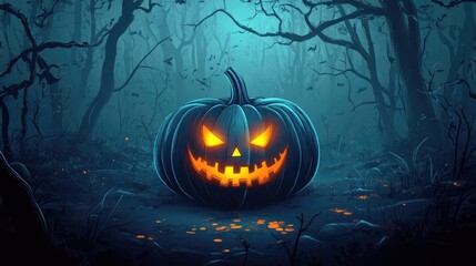 Halloween Pumpkin in a Mysterious Nighttime Forest