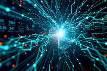 Fractal burst arrangement of light and energy, exploding stars in a neon-blue space, a cosmic fractal pattern for digital wallpaper