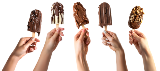 Collection set of hand holding Chocolate dipped covered popsicle lolly ice cream on transparent background cutout, PNG file. Many different flavour. Mockup template for artwork graphic design