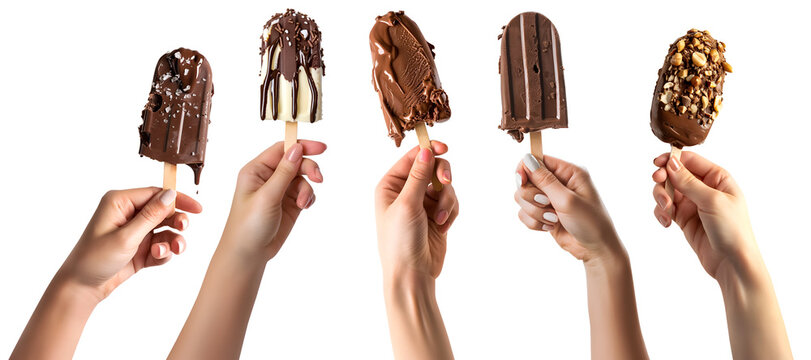 Collection set of hand holding Chocolate dipped covered popsicle lolly ice cream on transparent background cutout, PNG file. Many different flavour. Mockup template for artwork graphic design