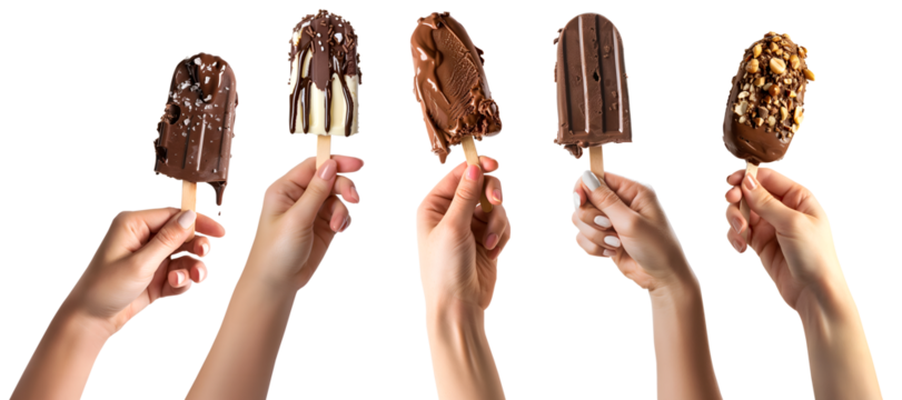 Collection set of hand holding Chocolate dipped covered popsicle lolly ice cream on transparent background cutout, PNG file. Many different flavour. Mockup template for artwork graphic design