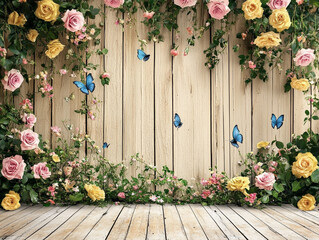 Naklejka premium Wooden floor, wall with flowers and blue butterflies flying between them.