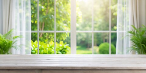 A serene white wood table top against blurred curtains and a lush green garden backdrop sparks stylish decor
