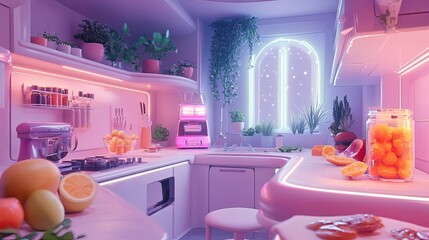 High-angle view of a surreal kitchen, futuristic tech blending with vibrant culinary creations, dazzling colors and textures, dreamlike atmosphere, innovative gadgets at play