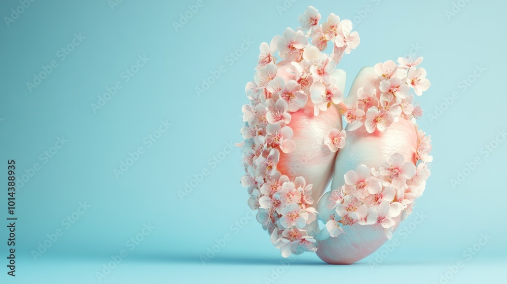 Canvas Prints A heart-shaped sculpture adorned with delicate flowers against a soft blue background.