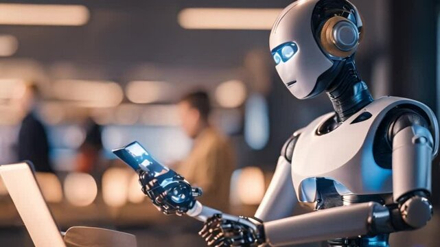 AI chat bot chatting with man provide smart solution idea on tablet